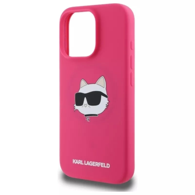 Karl Lagerfeld Silikoninis Choupette galvos atspaudas MagSafe - Dėklas iPhone 16 Pro (fuksijų spalvos)
