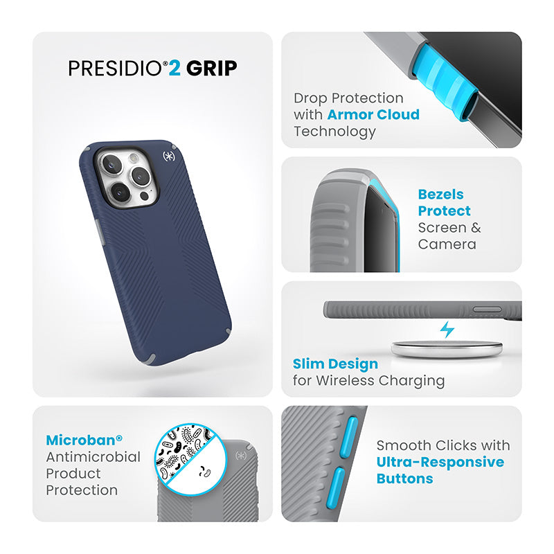 Speck Presidio2 Grip – dėklas iPhone 15 Pro (pajūrio mėlyna / dulkėta pilka / balta)