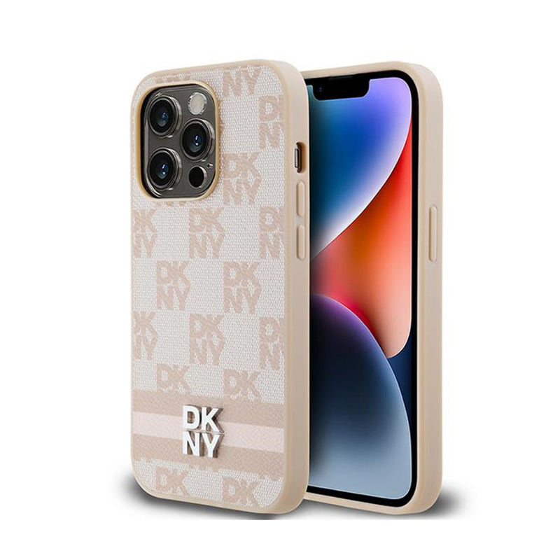 DKNY Odinis languotas vienspalvis raštas ir raštuotos juostelės – iPhone 14 Pro dėklas (rožinis)