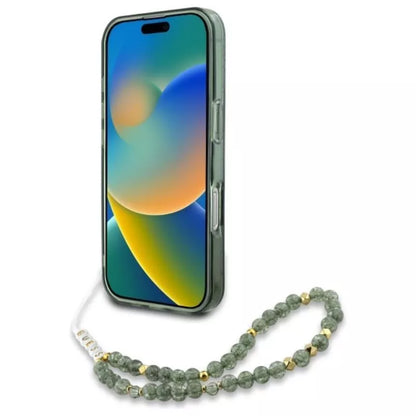 Guess IML gėlės visame perimetre Electro su perlų dirželiu MagSafe – dėklas iPhone 16 Plus (žalias)