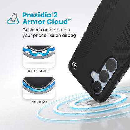 Speck Presidio2 Grip – Samsung Galaxy S25 / S24 dėklas (juodas/skalūno pilkumo/baltas)
