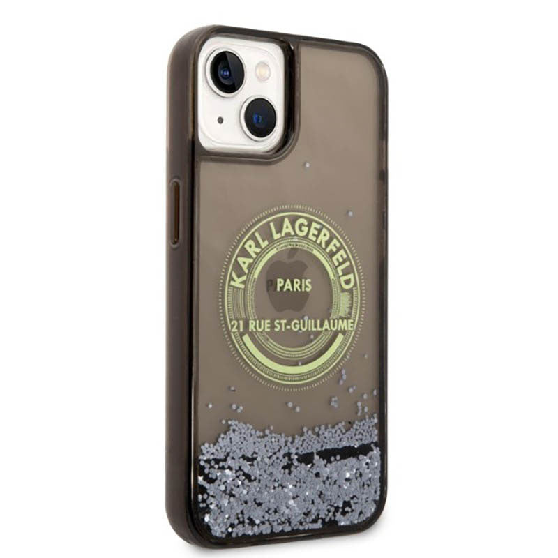 Karl Lagerfeld dėklas "Liquid Glitter Round RSG Logo" – dėklas skirtas iPhone 14 (Juodas)