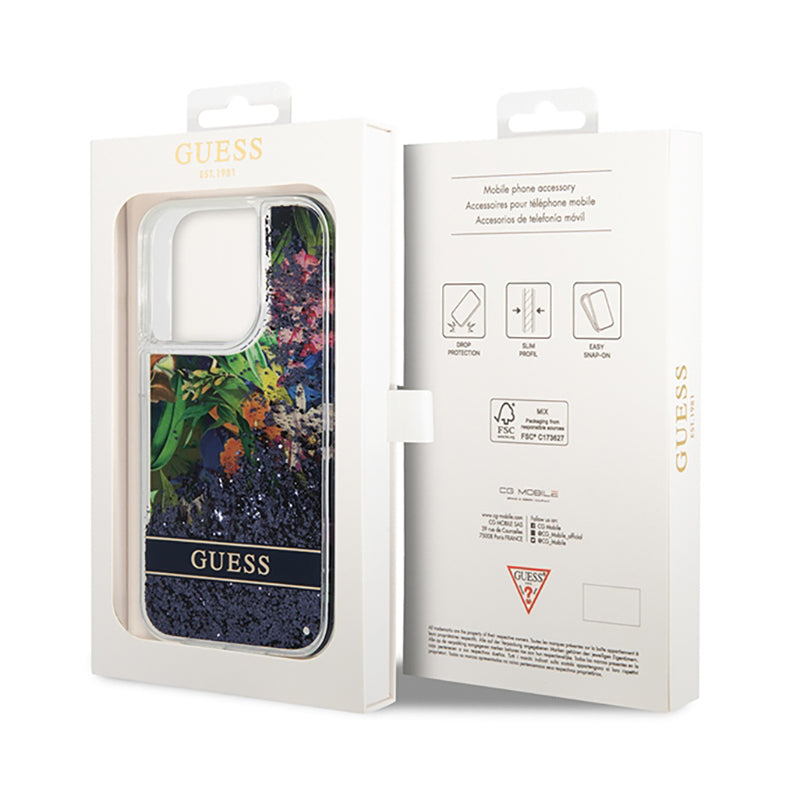 "Guess Liquid Glitter Flower" - "iPhone 14 Pro" dėklas (mėlynas)