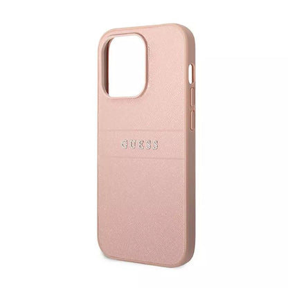 Guess Saffiano Metal Logo Stripes – dėklas iPhone 14 Pro (rožinis)