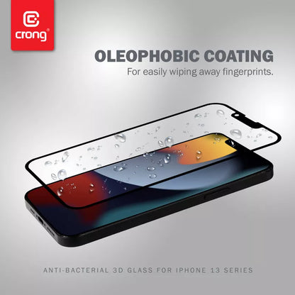 Crong Anti-Bacterial 3D Armour Glass - 9H grūdintas stiklas visam iPhone 16e / iPhone 14 / iPhone 13 / iPhone 13 Pro ekranui + montavimo rėmelis