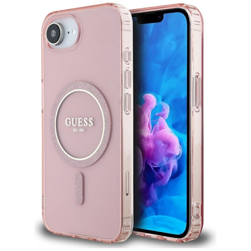 Guess IML Glitter Circle MagSafe – dėklas, skirtas iPhone 16e (rožinis)