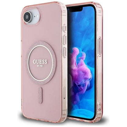 Guess IML Glitter Circle MagSafe – dėklas, skirtas iPhone 16e (rožinis)