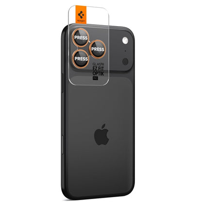 Spigen Optik Pro GLAS.TR EZ Fit Kameros apsauga 2 vnt. - Stiklinė objektyvo apsauga, skirta iPhone 16 Pro / 16 Pro Max / 17 Pro / 17 Pro Max (2 vnt.) (Oranžinė)