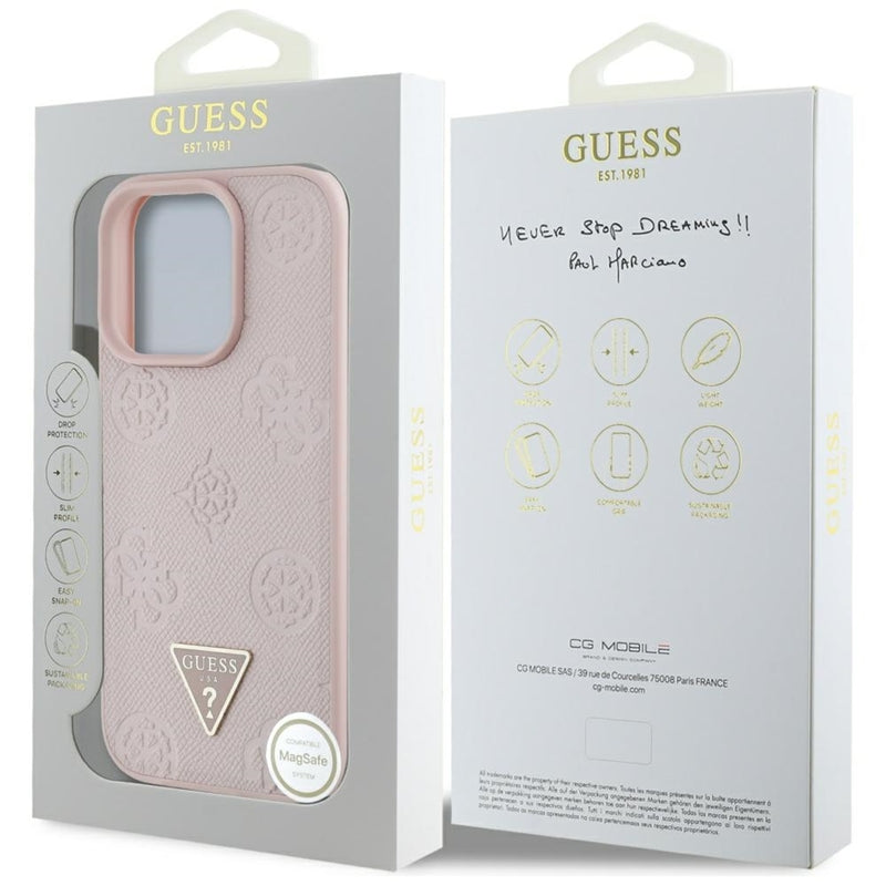Guess Grained Hot Stamp Peony Triangle Logo MagSafe – dėklas, skirtas iPhone 16 Pro (rožinis)