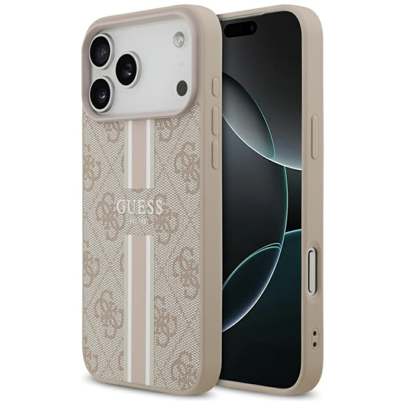 Guess 4G Spausdintos juostelės MagSafe dėklas iPhone 17 Pro Max (rožinis)