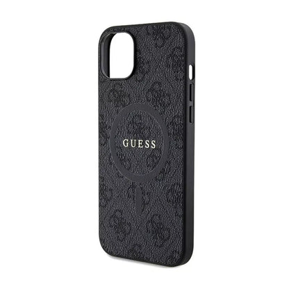 Guess 4G Collection Leather Metal Logo MagSafe – dėklas „iPhone 15/14/13“ (juodas)