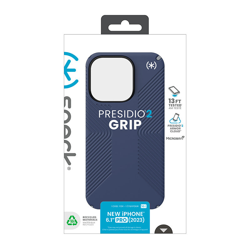 Speck Presidio2 Grip – dėklas iPhone 15 Pro (pajūrio mėlyna / dulkėta pilka / balta)