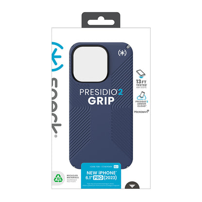 Speck Presidio2 Grip – dėklas iPhone 15 Pro (pajūrio mėlyna / dulkėta pilka / balta)