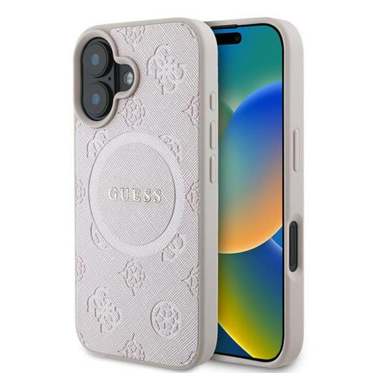 Guess Saffiano Peony Classic Logo MagSafe – dėklas iPhone 16 Plus (rožinis)
