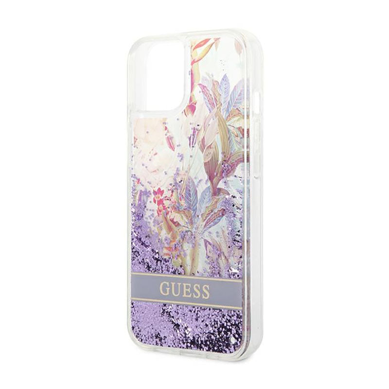 Guess Liquid Glitter Flower – Dėklas, skirtas „iPhone 14 Plus“ (violetinis)
