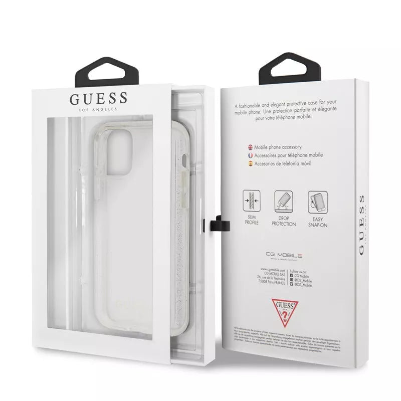 Guess blizgučių dėklas iPhone 11 Pro Max (sidabrinis)