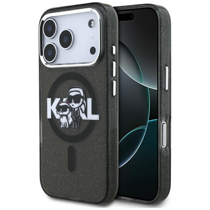 Karl Lagerfeld IML Blizgantis Karl & Choupette eskizo logotipas MagSafe - Dėklas iPhone 17 Pro (Juodas)