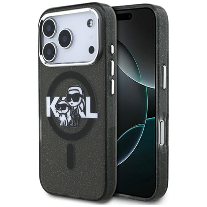 Karl Lagerfeld IML Blizgantis Karl & Choupette eskizo logotipas MagSafe - Dėklas iPhone 17 Pro (Juodas)