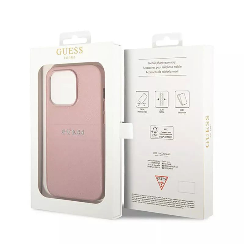 Guess Saffiano Metal Logo Stripes – dėklas iPhone 14 Pro (rožinis)