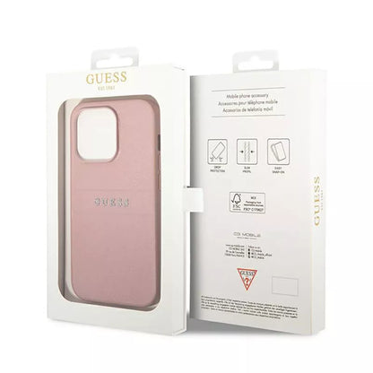 Guess Saffiano Metal Logo Stripes – dėklas iPhone 14 Pro (rožinis)