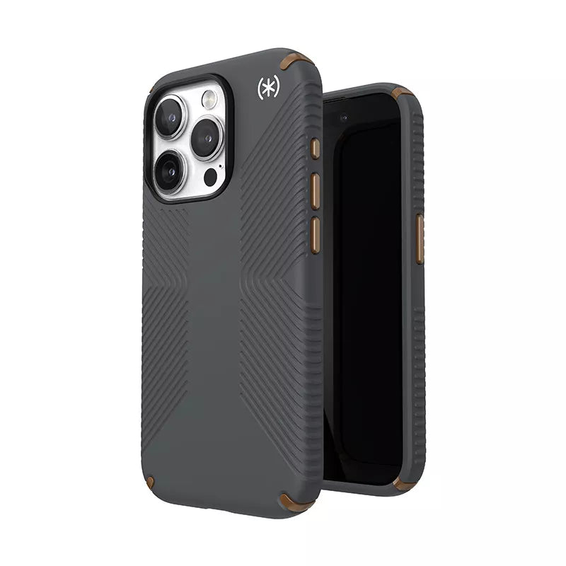 Speck Presidio2 Grip – „iPhone 15 Pro“ dėklas (anglies pilka / šalta bronza / balta)