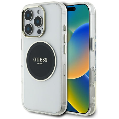 Guess IML metalinis spalvotas apskritimas klasikinis logotipas MagSafe – dėklas skirtas „iPhone 16 Pro“ (juodas)