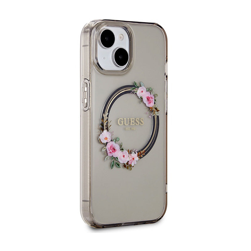 Guess IML Gėlių vainikas MagSafe – dėklas iPhone 15 (juodas)