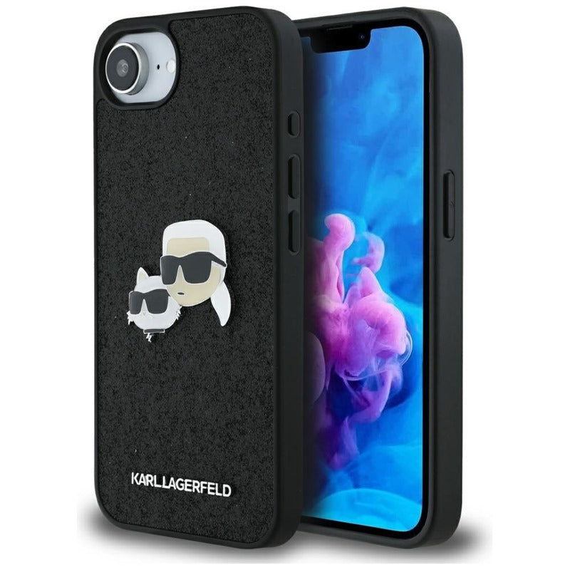 Karl Lagerfeld Dėklas iPhone 16e (juodas) su fiksuotais Karl & Choupette galvų metalo smeigtukais su blizgučiais