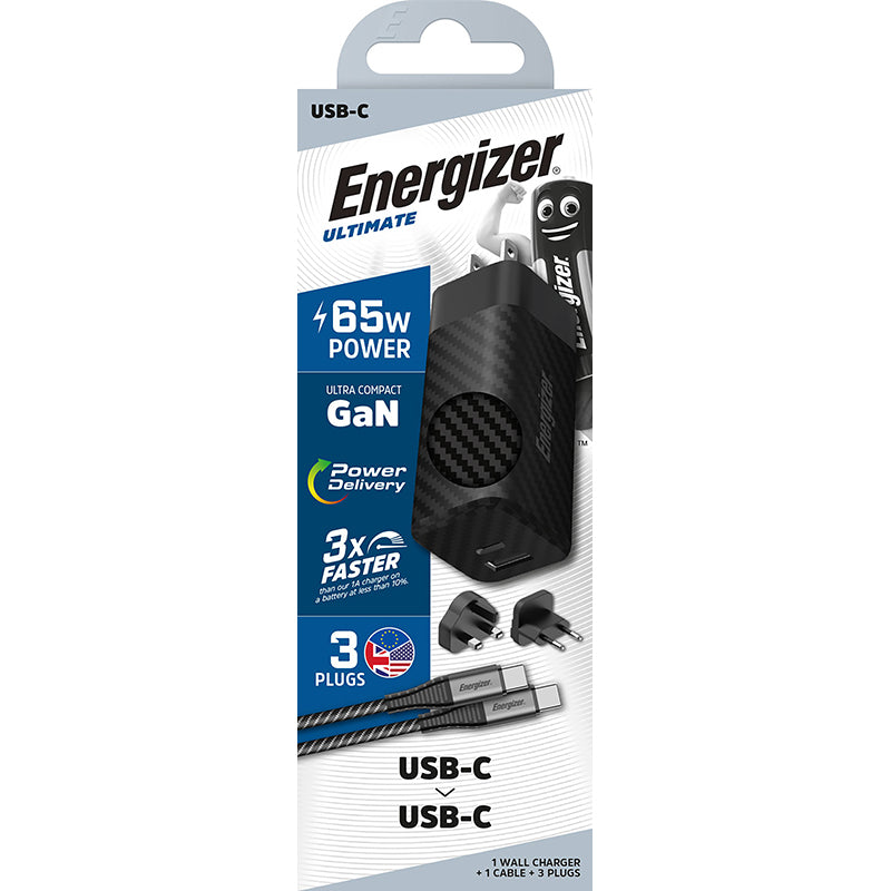 Energizer Ultimate – Multiplug EU / UK / US GaN USB-C & USB-A 65W PD tinklo įkroviklis + USB-C laidas (juodas)