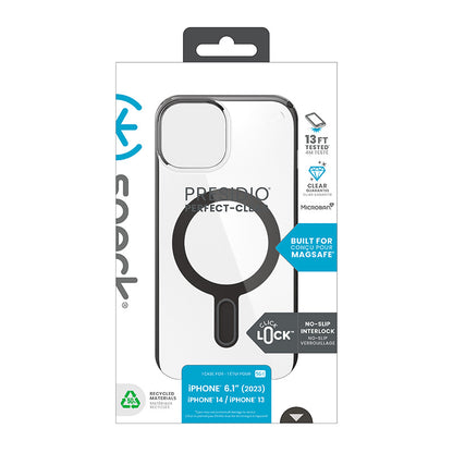 Speck Presidio Perfect-Clear ClickLock & Magsafe - Dėklas, skirtas iPhone 16e / iPhone 15 / iPhone 14 / iPhone 13 (Skaidrus / Matinė juoda / Šiferio pilka)