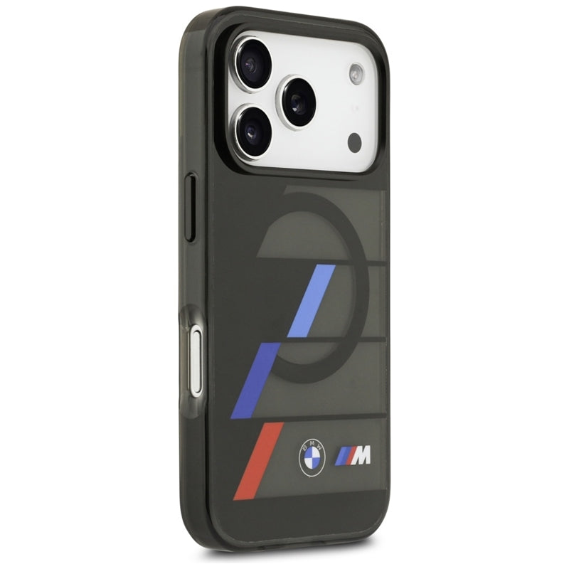 BMW M IML metaliniai mygtukai su trispalvėmis linijomis, MagSafe - dėklas iPhone 17 Pro Max (juodas)