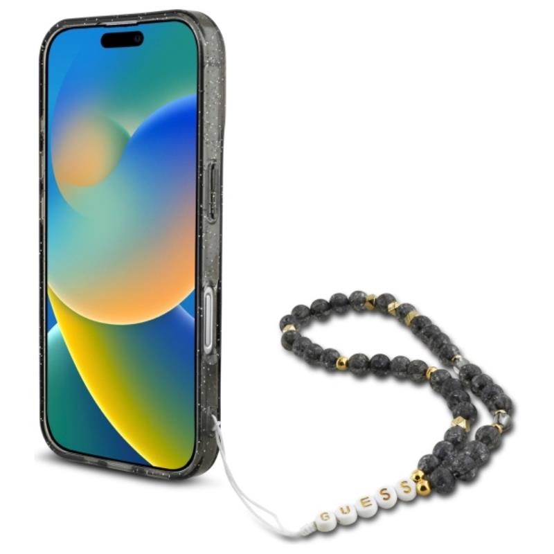 Guess IML Blizgus dėklas su perlo dirželiu MagSafe, skirtas iPhone 16 (Juodas)
