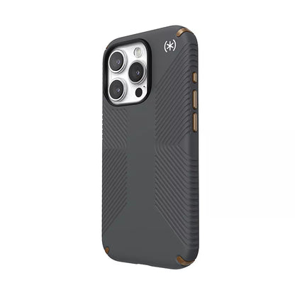 Speck Presidio2 Grip – „iPhone 15 Pro“ dėklas (anglies pilka / šalta bronza / balta)