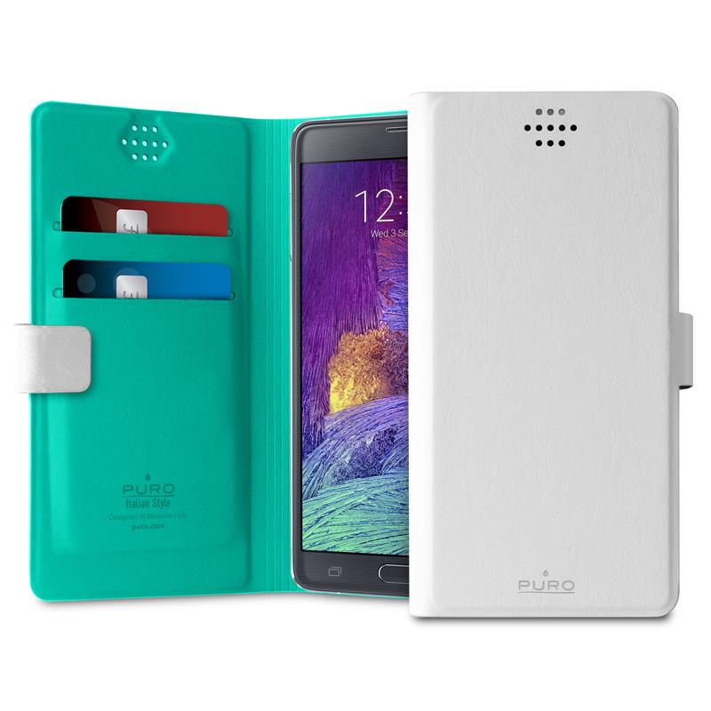 PURO Uniwallet Bi-Color - Universalus 360° pasukamas dėklas su kortelių lizdais, XXL dydis (baltas)