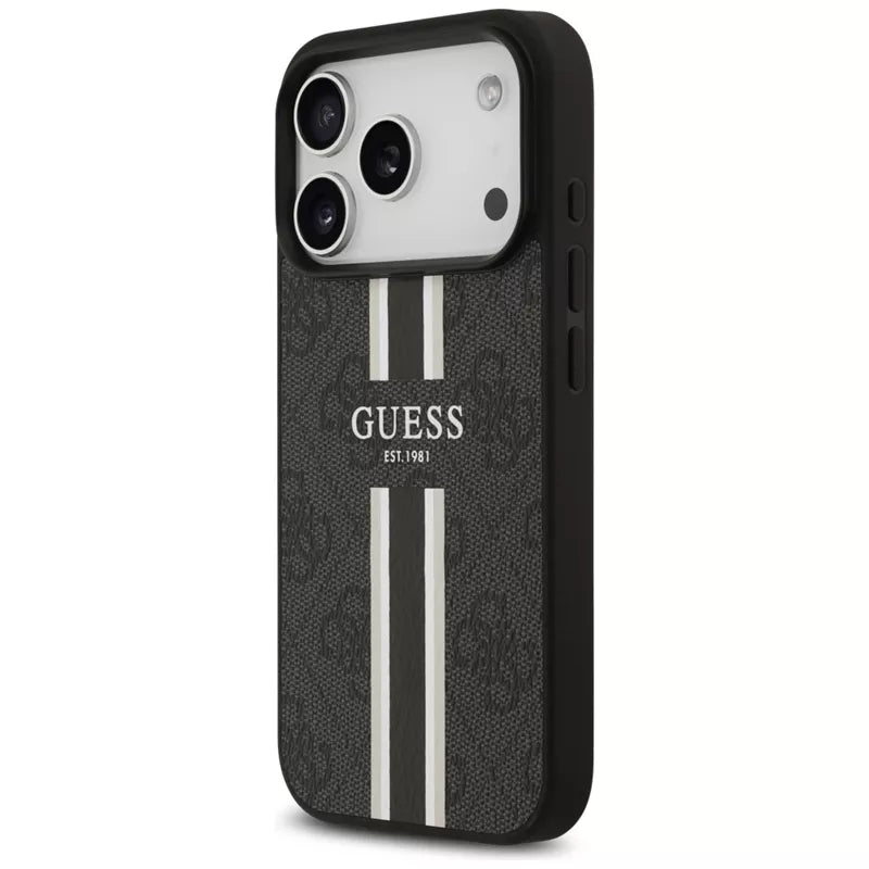 Guess 4G Printed Stripes MagSafe dėklas iPhone 17 Pro (juodas)