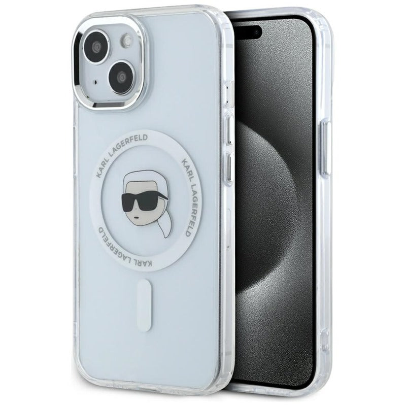 Karl Lagerfeld IML Metal Karl Head MagSafe – Dėklas, skirtas „iPhone 15“ (baltas)