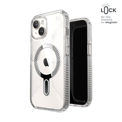 Speck Presidio Perfect-Clear Grip ClickLock & MagSafe – dėklas skirtas iPhone 16e / iPhone 15 / iPhone 14 / iPhone 13 (skaidrus / chromo apdaila / ramus sidabras)