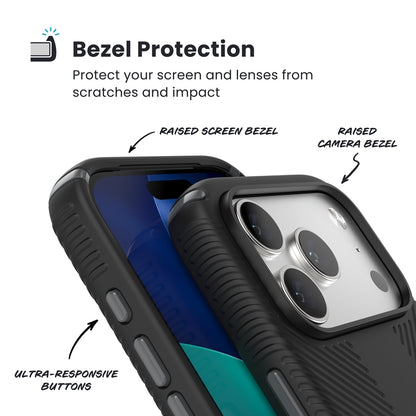 Speck Presidio2 Grip ClickLock ir MagSafe – dėklas iPhone 17 Pro (juodos / plokščių pilkos / baltos spalvos)