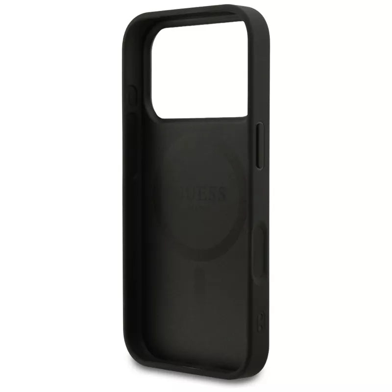 Guess Tekstūruotas žiedas MagSafe - Dėklas iPhone 17 Pro (juodas)