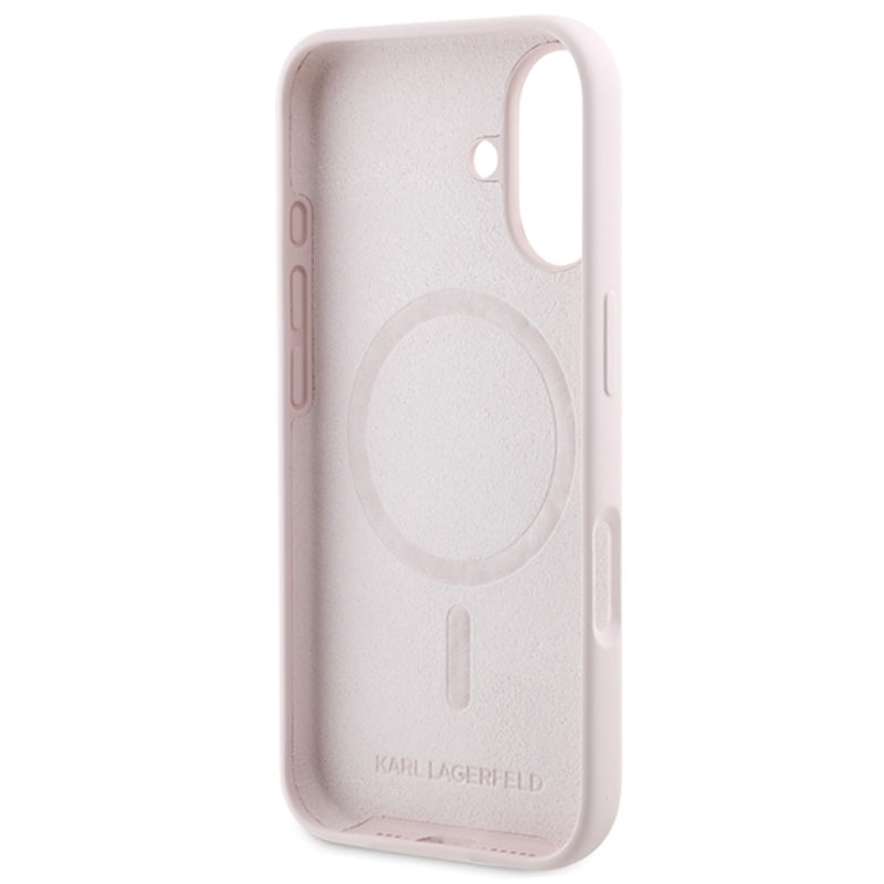 Karl Lagerfeld Silicone Karl & Choupette Ring MagSafe – dėklas iPhone 16 Plus (rožinis)