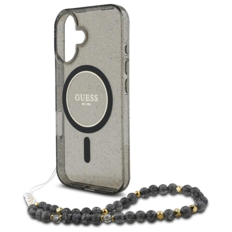 Guess IML Blizgus dėklas su perlo dirželiu MagSafe, skirtas iPhone 16 (Juodas)