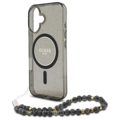 Guess IML Blizgus dėklas su perlo dirželiu MagSafe, skirtas iPhone 16 (Juodas)