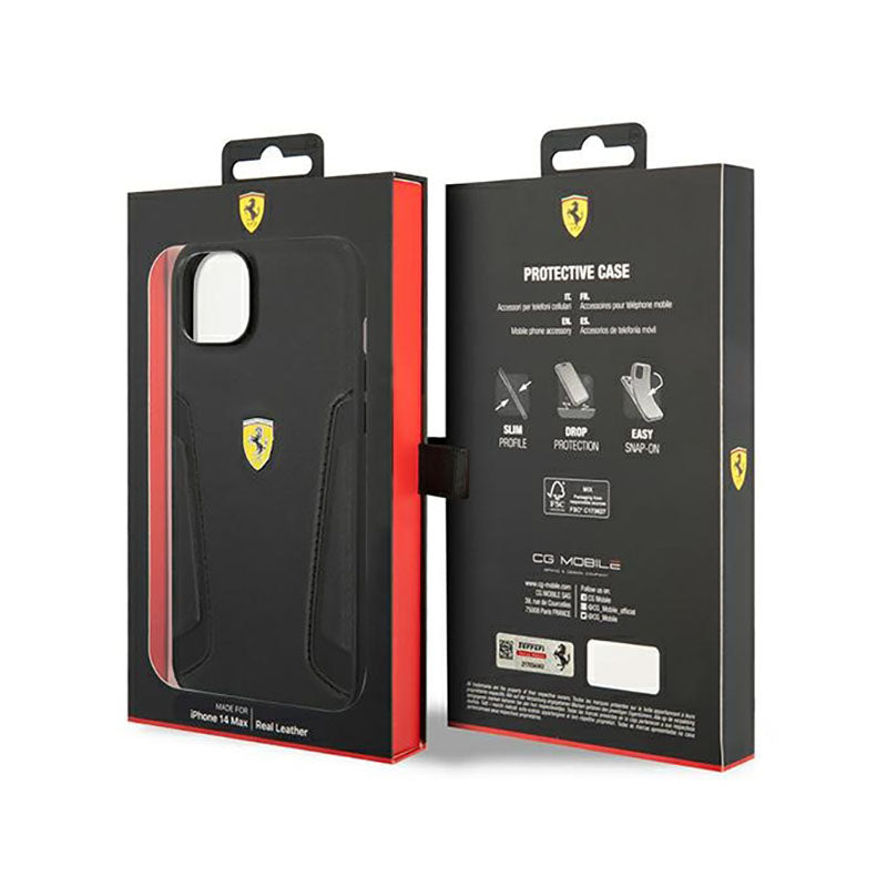 Ferrari Leather Stamp Sides - dėklas, skirtas iPhone 14 Plus (juoda)