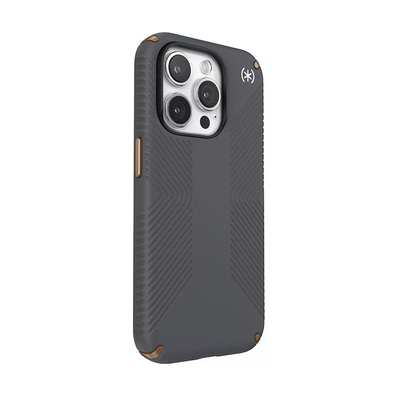 Speck Presidio2 Grip – „iPhone 15 Pro“ dėklas (anglies pilka / šalta bronza / balta)