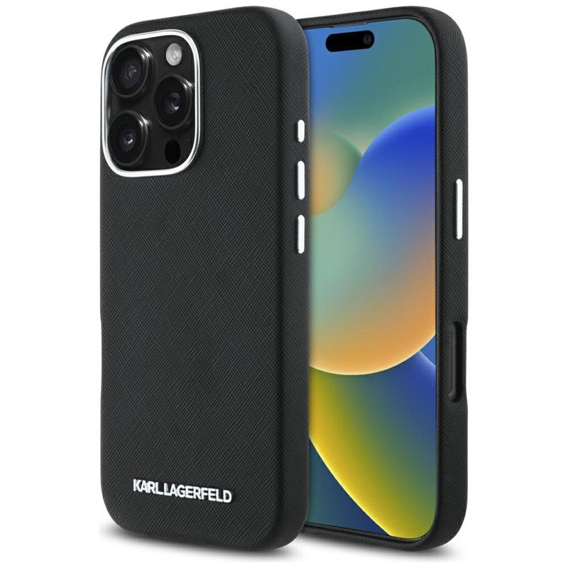 Karl Lagerfeld Saffiano Full Wrapped Elongated Metal Logo MagSafe – dėklas, skirtas „iPhone 16 Pro“ (juodas)