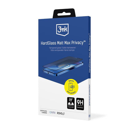 3mk HardGlass Matt Max Privacy – matinio grūdinto stiklo apsauga su privatumo filtru, skirta iPhone 16 / iPhone 15