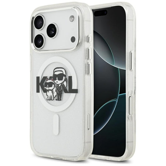 Karl Lagerfeld IML Blizgučiai Karl & Choupette eskizo logotipas MagSafe dėklas iPhone 17 Pro (permatomas)