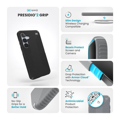 Speck Presidio2 Grip – Samsung Galaxy S25 / S24 dėklas (juodas/skalūno pilkumo/baltas)