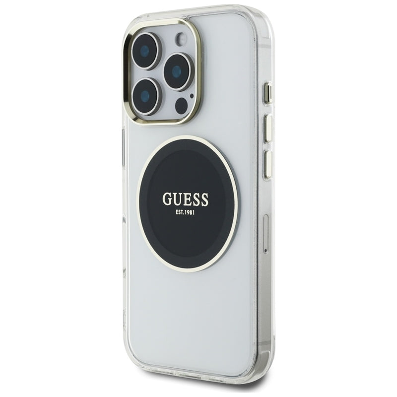 Guess IML metalinis spalvotas apskritimas klasikinis logotipas MagSafe – dėklas skirtas „iPhone 16 Pro“ (juodas)
