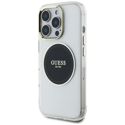 Guess IML metalinis spalvotas apskritimas klasikinis logotipas MagSafe – dėklas skirtas „iPhone 16 Pro“ (juodas)